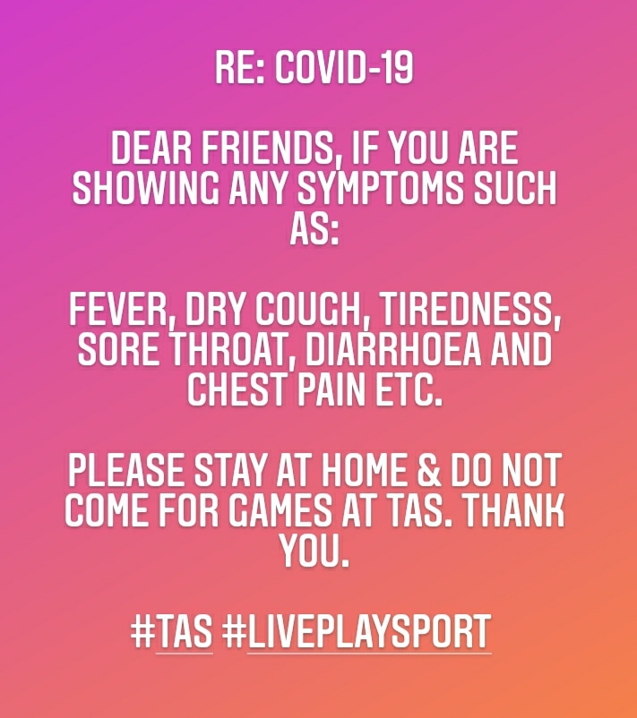 #COVID19 Prevention Protocol.

All Covid-19 prevention guidelines are strictly adhered to @TigerSportsNG

You will be required to use your face mask, take a temperature test, wash your hands with soap & water & observe social distancing rules. 

Thank you. 

#TAS #LivePlaySport https://t.co/dFDpKdIClK
