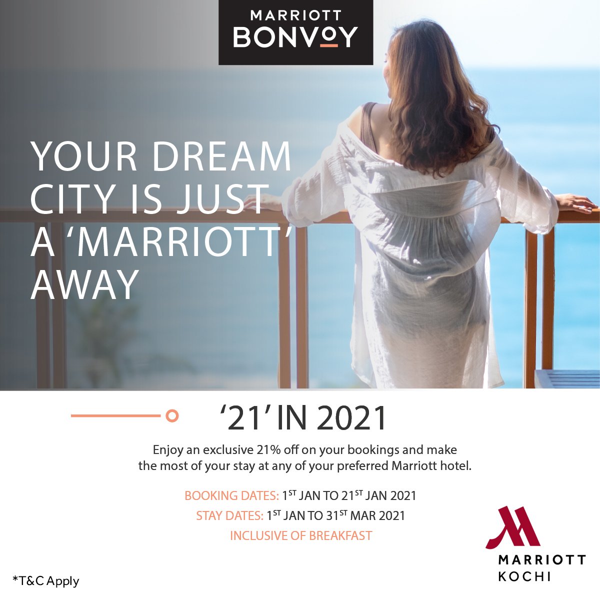 kochimarriott's tweet photo. Book a stay with any Marriott before 21st January, 2021 and enjoy 21% off on the booking including breakfast. Visit https://t.co/3snMWtudoa for more details!
 
#KochiMarriott #Kochi #Marriott #Offer #staycation #vacaytion #StayPackage #Relax #Refresh #Recharge #Unwind #weekend https://t.co/ezlpVRnusp