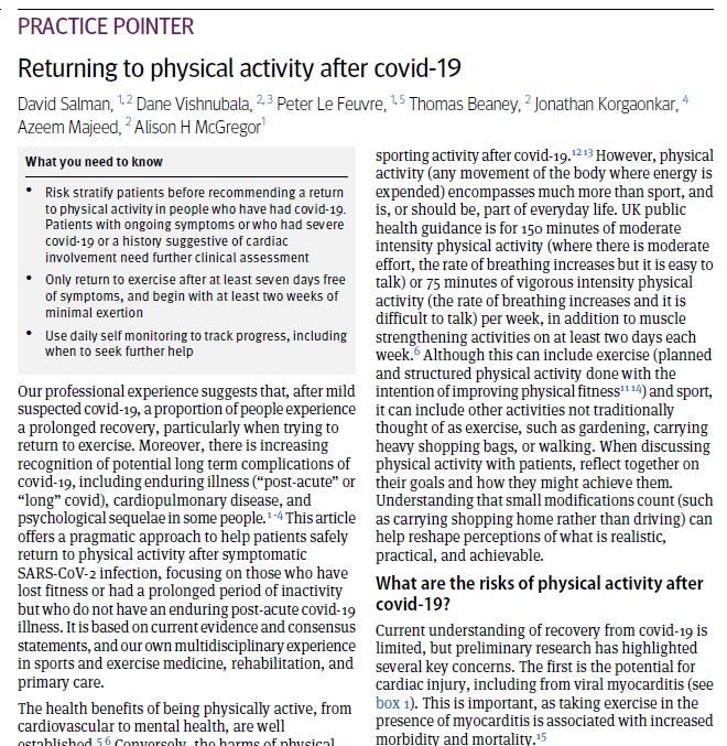 Our new article in <a href="/bmj_latest/">The BMJ</a> discusses how to safely return to exercise after a Covid-19 infection. Only start to exercise again after at least 7-days free of symptoms, and begin with at least two weeks of minimal exertion. bmj.com/cgi/content/fu…