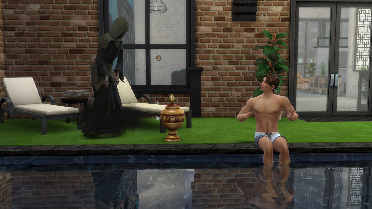 EuphoriaCaramel's tweet photo. Uhhh, well... Grim respectfully introduces himself, after reaping poor Candy Bubbles. Harrison is oddly unaffected by any of this. #Sims4 #HotelChallenge https://t.co/LsIt6VKjQZ
