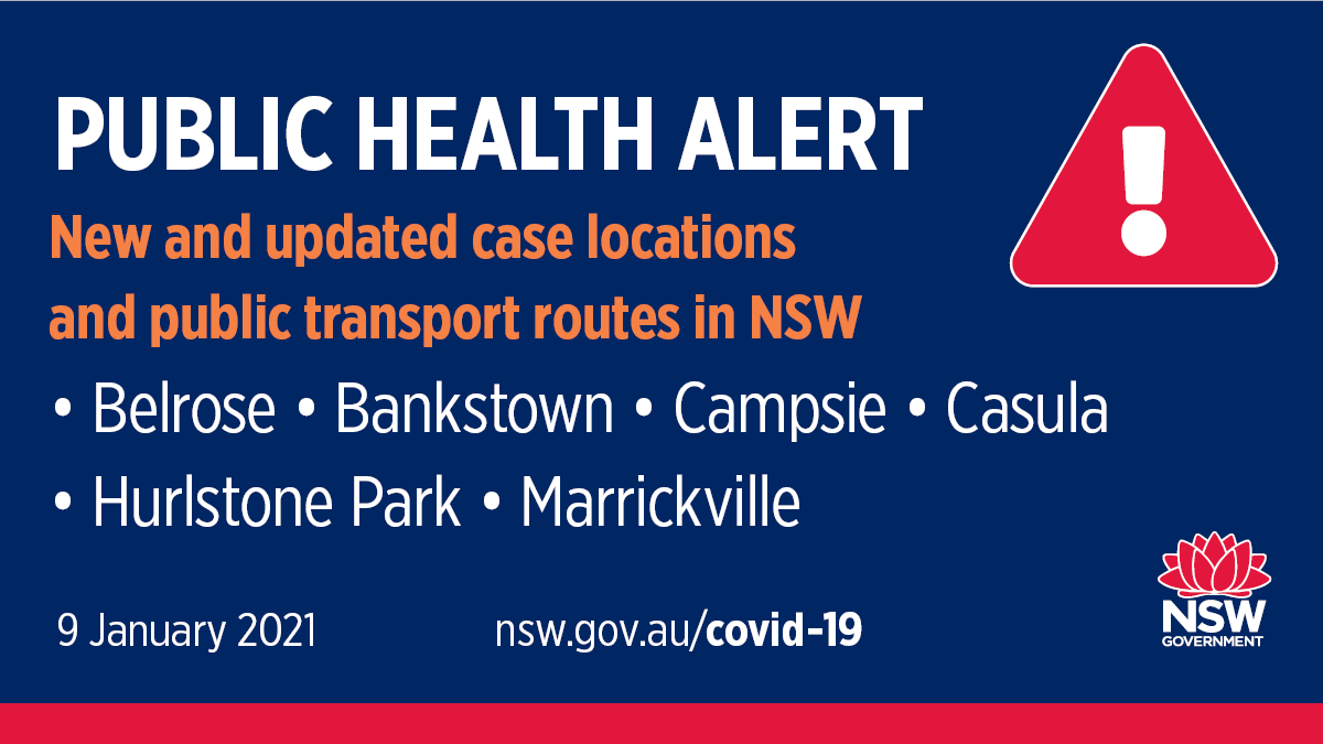 NSWHealth's tweet image. NSW Health has been advised of a number of new venues visited and public transport routes used by confirmed cases of #COVID19 in #Belrose, #Bankstown, #Campsie, #Casula, #Hurlstone Park and #Marrickville.