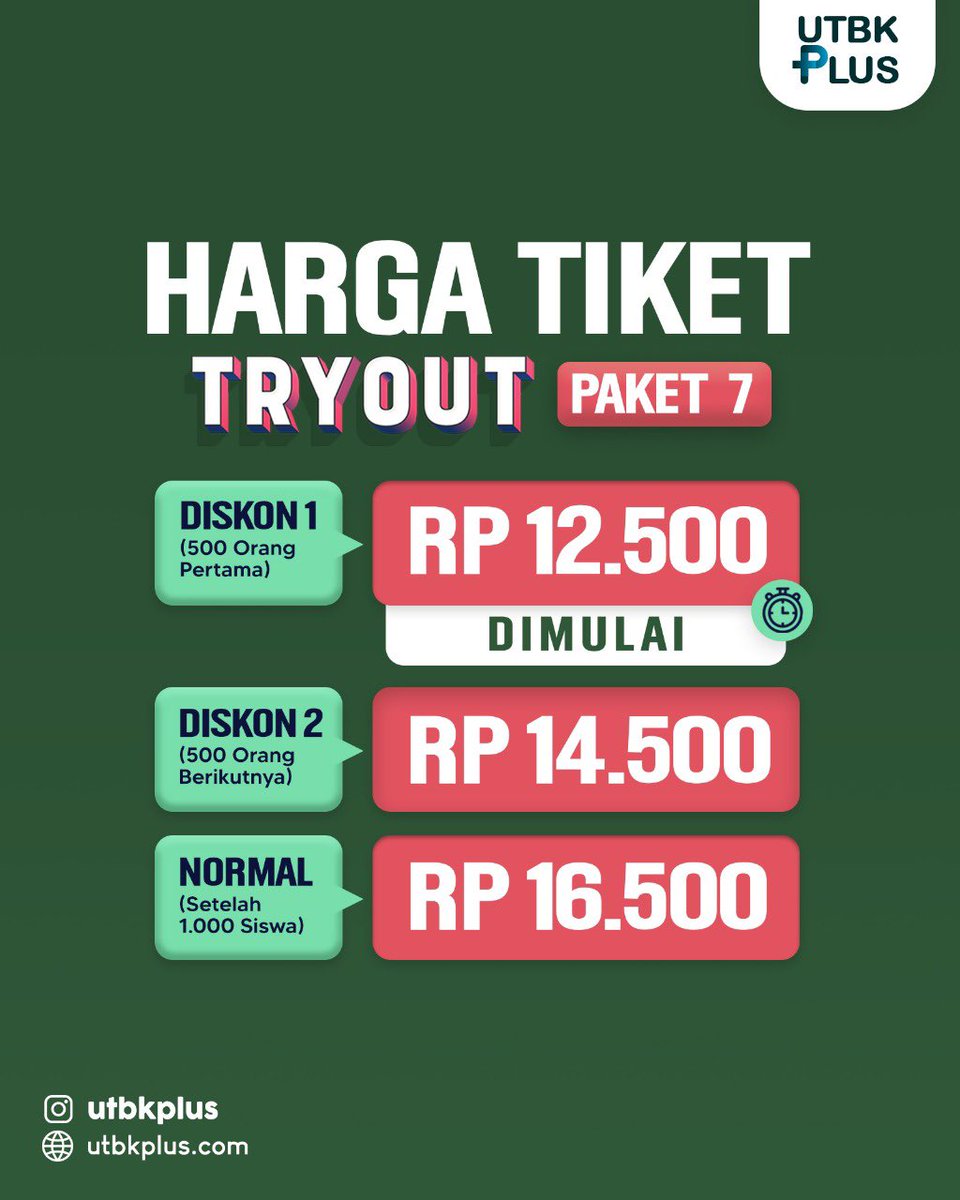 utbkplus's tweet photo. Belum ikutan Try Out @utbkplus Paket 7? Daftar sekarang yuk, Diskon 1 belum habis nih🥳✨
Daftar di https://t.co/hs77t1pX6A dan lakukan transaksi pembayaran dengan dompet digital kamu🤗
#tryout #tryoututbk #tryoutptn #tryoutsbmptn #tryoutonline #UTBK #UTBKSBMPTN #SBMPTN #SNMPTN https://t.co/RoHd00hENJ