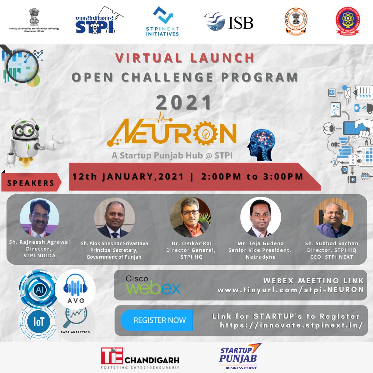 stpiindia's tweet image. #STPINEURON launches the 2nd cohort of #OpenChallengeProgram to empower startups &amp;amp; budding entrepreneurs to translate their ideas into path-breaking products in #AI, #IoT, #DataAnalytics &amp;amp; #AVG. Register to witness the virtual launch: tinyurl.com/stpi-NEURON #STPIINDIA #STPICoEs