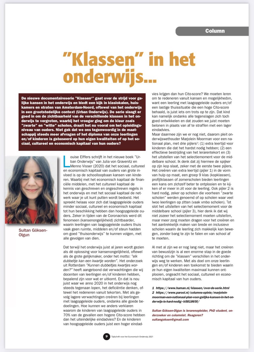 Mijn nieuwe column in het tijdschrift voor economisch onderwijs (TEO: 2021 nr.1). “Klassen” in het onderwijs... #klassen #kansengelijkheid #sociaal #cultureel #economisch #kapitaal #ouders #bewustzijn  #onderwijs #jufgoksen

jufgoksen.com/2021/01/09/mij…