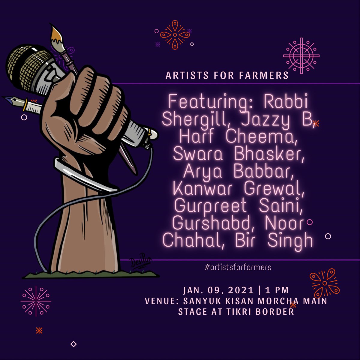 ReallySwara's tweet photo. TODAYYYYY! #ArtistsForFarmers at the Sanyukt Kisaan Morcha main stage, Tikri Border Protest site.. Concert for a cause.. pahuncho yaaron! 💜 https://t.co/VvPwqs1bW2