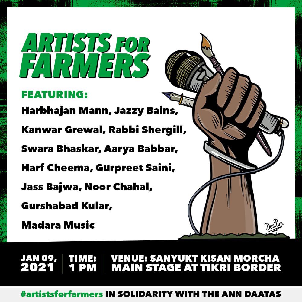 ReallySwara's tweet photo. TODAYYYYY! #ArtistsForFarmers at the Sanyukt Kisaan Morcha main stage, Tikri Border Protest site.. Concert for a cause.. pahuncho yaaron! 💜 https://t.co/VvPwqs1bW2