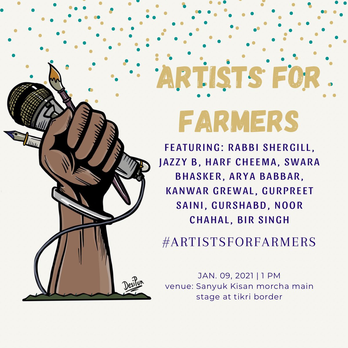 ReallySwara's tweet photo. TODAYYYYY! #ArtistsForFarmers at the Sanyukt Kisaan Morcha main stage, Tikri Border Protest site.. Concert for a cause.. pahuncho yaaron! 💜 https://t.co/VvPwqs1bW2