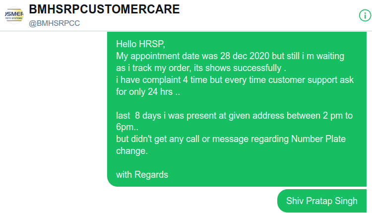 ShivaKshatriya's tweet image. Dear @BMHSRPCC @rosmertatech 😡
I am really upset with your third call service and support.
11 days has passed from my appointment date and i am trying to contact your customer support but didn&apos;t get any positive answer
Thanks for Your Third Class Service and Support  
#HSRPscam