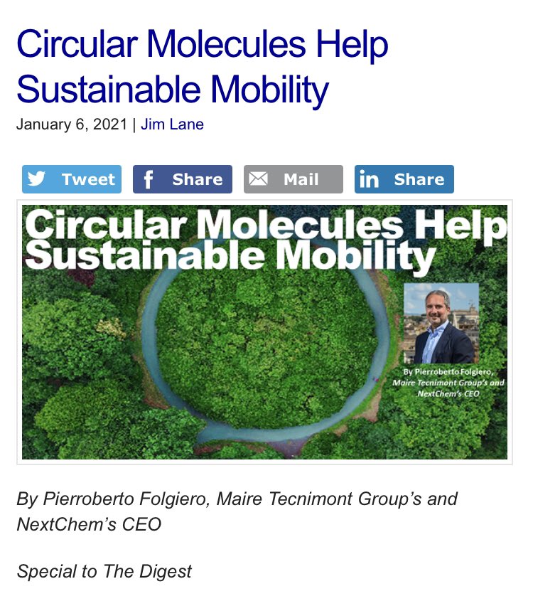 NextChem_MT's tweet image. “Circular molecules help sustainable mobility”, by our CEO Pierroberto Folgiero. Read the column on Biofuels Digest  biofuelsdigest.com/bdigest/2021/0…