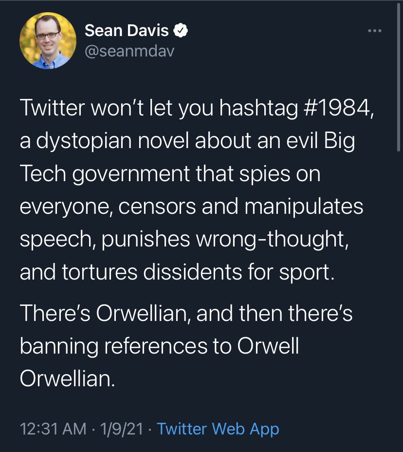 dloehr's tweet photo. Co-founder of the Federalist, been on here since 2009, has apparently never tried to hashtag a number before, because you’ve never been able to hashtag a number.
Is apparently too dumb to try #1984Now or any other word attached to the number.
That’s #101Level stuff here. https://t.co/TmrNlBOKWM
