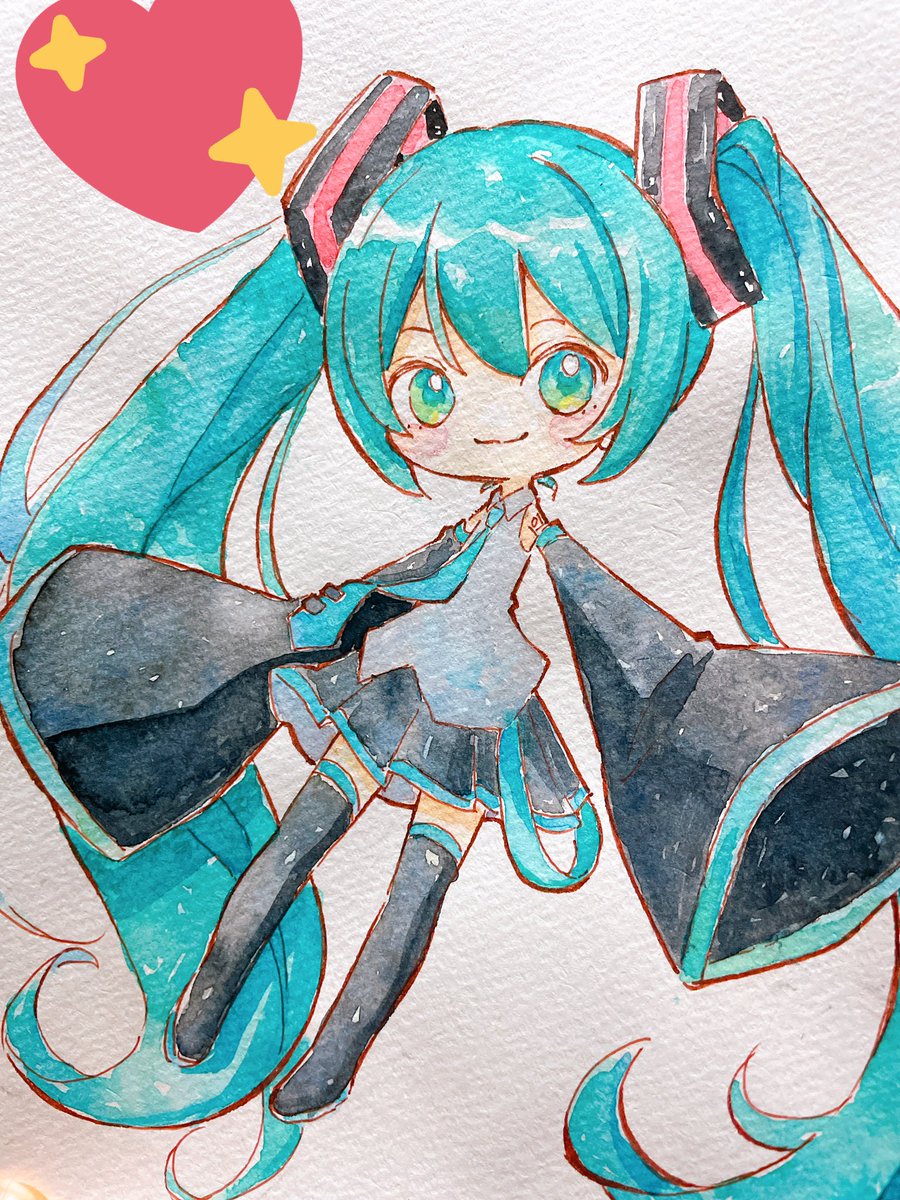 初音ミク 「初めて水彩使った!
練習するぞ〜! 」|松りのイラスト