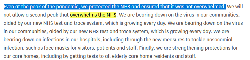 The Government then decided to change its strategy to 'preventing a second wave that overwhelms the NHS'. This was announced on 8 June in Parliament.This is not the same as 'preventing a second wave'. https://hansard.parliament.uk/Commons/2020-06-08/debates/4CC344EF-ABF6-451E-9852-86E6250ABF8D/Covid-19RRateAndLockdownMeasures?highlight=%22overwhelms%20the%20nhs%22#