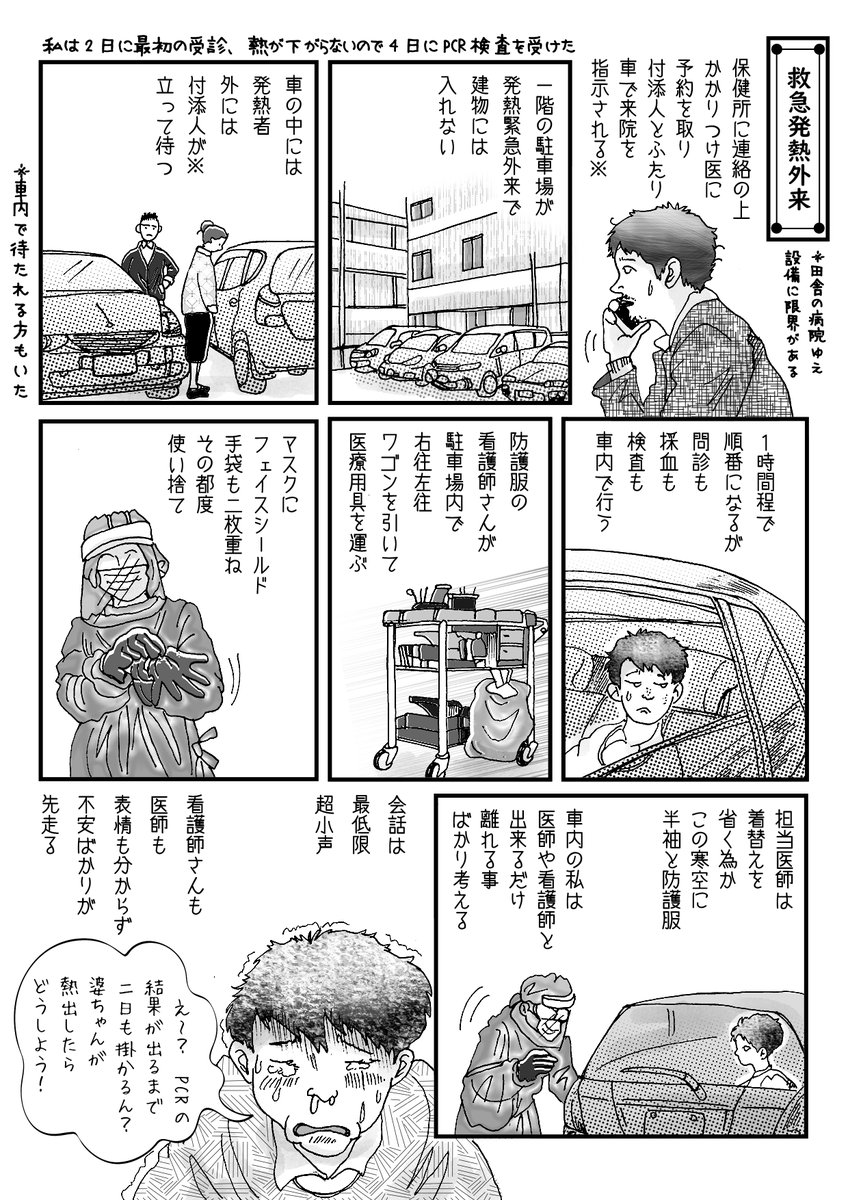 お正月にPCR検査を受けたのですが(陰性)その時の気持ちを漫画にしました。
表現された気持ちは、きっと手術や入院を経験された方には共感を頂けると思うのですが、健康な若い方には、想像すら難しいと感じられるかも知れません。
コロナは寂しい病気です。

PCR検査の様子は自治体で違うでしょう。 