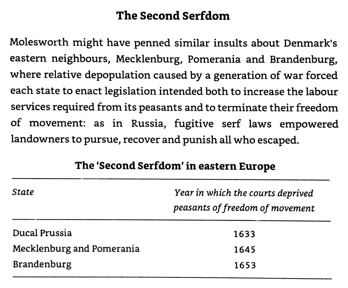 Depopulation of eastern Germany & Czechia in 30 Years War led to labor shortages. As result states enserfed their peasants, gradually stripping them of their freedoms & forcing them to do labor. Serfs couldn’t move, marry, or split inheritances without their lord’s consent.