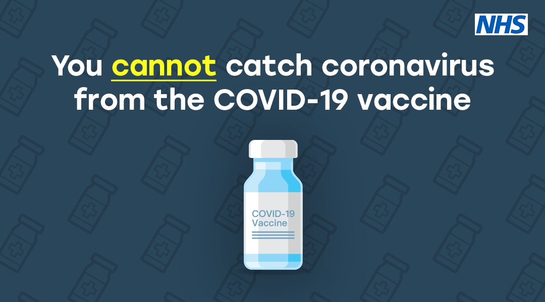 You cannot catch coronavirus from the #COVIDVaccine.

There’s a lot of misinformation out there, so make sure you’re getting it from a trusted source. For more information on the COVID vaccine, visit nhs.uk/covidvaccine.