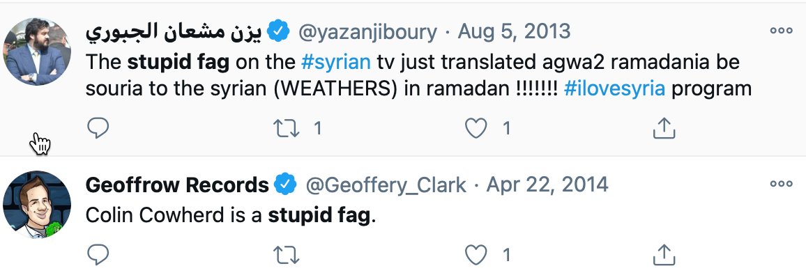 No nasty remarks about sexual orientation, the Twitter rules say. Meanwhile, verified users talk about stupid fags (there are also worse things to be found, but I leave that to you) (19/24)