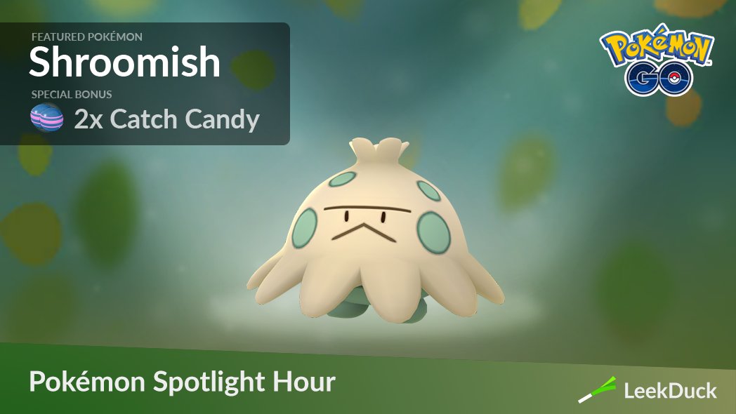 LeekDuck's tweet photo. A Pokémon Spotlight Hour is set for Tuesday, January 19, from 6 to 7 pm local time. During the hour, there will be an increased number of Shroomish appearing in the wild, and you’ll earn double candy from catching Pokémon.

Track Events: https://t.co/BSJxXyQ735 https://t.co/O1s1lJ15sz