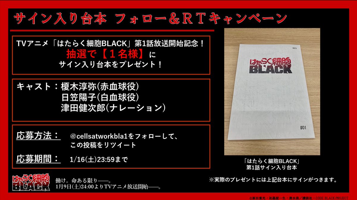 はたらく細胞black 公式 はたらく 細胞black 1話放送記念 フォロー Rtで当たる台本プレゼントキャンペーン開催 1 16 23 59まで 対象話数 第1話 キャスト 榎木淳弥 赤血球役 日笠陽子 白血球役 津田健次郎 ナレーション 当選人数