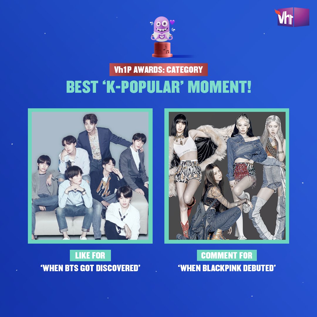 Calling all fandoms, you know what to do! 💜
Celebrate 16 years of Vh1 with #Vh1PAwards, like or comment now to make your favorite win.

#Vh1India #GetWithIt #BTS #BLACKPINK #KPOP @BTS_twt @bts_bighit @ygofficialblink