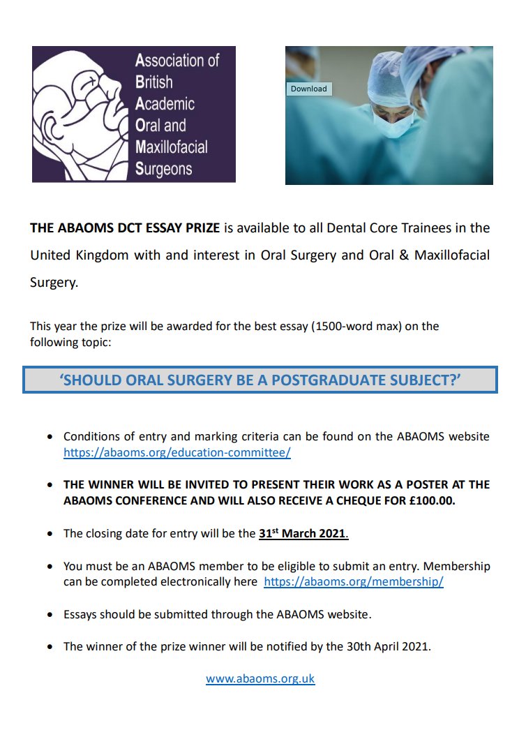 GlasgowOralSurg's tweet photo. Opportunity for DCTs to enter the #ABAOMS DCT Essay Prize competition. Closing date 31st March https://t.co/FvgEPmnQV3