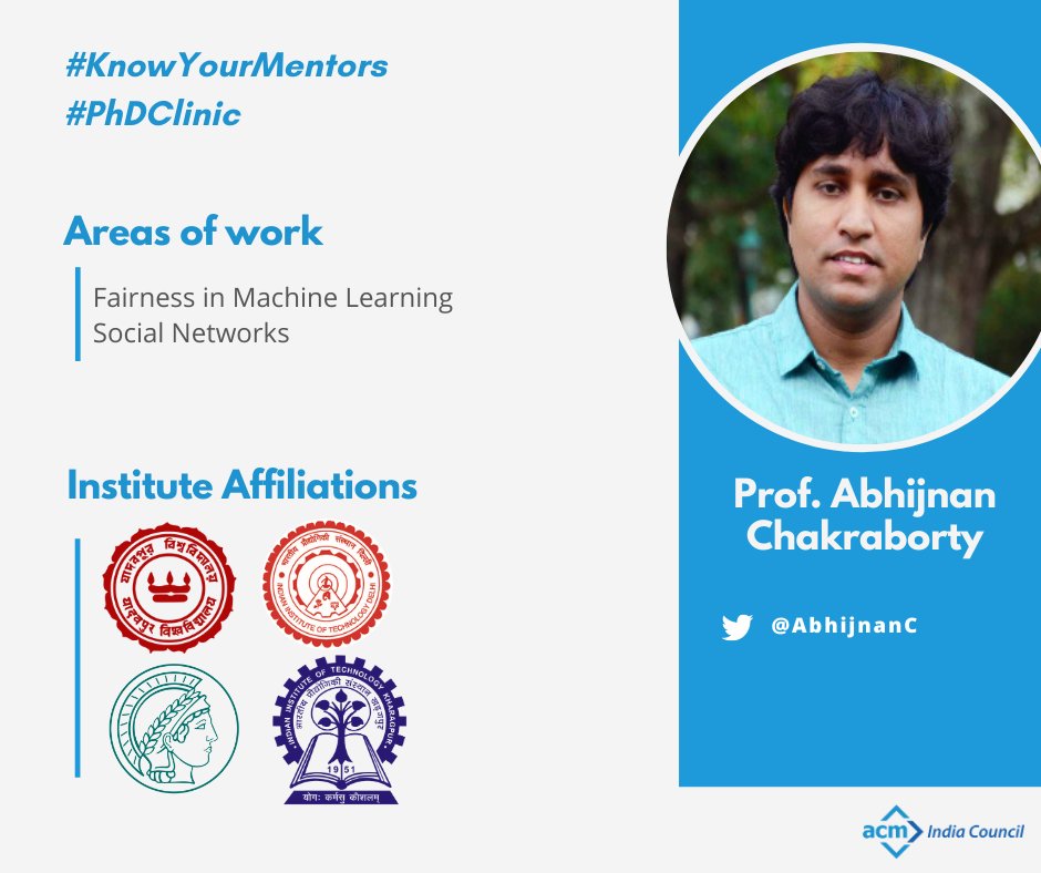ponguru's tweet photo. Super thrilled to have Dr. @AbhijnanC @iitdelhi join the @Indiaacm #phdlinic Mentors!
Areas of work: #Fairness in #MachineLearning, #SocialNetworks
Register to interact https://t.co/aMWFxs9qFA
#PhDClinic #KnowYourMentors #ACMIndia https://t.co/O5XXS6doMC