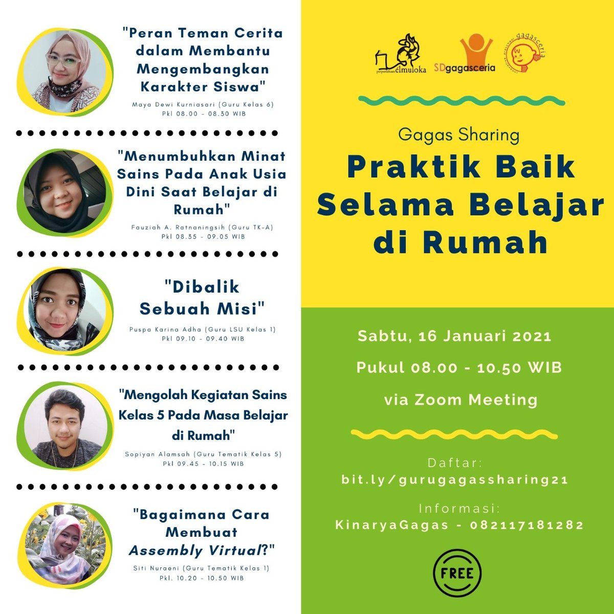 Tak terasa masa belajar daring sudah kita lewati selama 1 semester. Dan tampaknya masih akan berlangsung selama semester 2. Yuk, ngintip apa saja yang dilakukan guru sekolah GagasCeria selama era PJJ ini. Pendaftaran ke bit.ly/gurugagasshari… . Free!