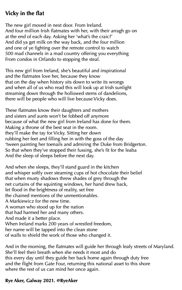 I am very taken with the beauty and strength of <a href="/PhelanVicky/">Vicky Phelan</a>. Everyone in Ireland will be her virtual flatmate for her six months in America. My poem today is Vicky In The Flat.
<a href="/Pendemic_ie/">Pendemic</a> <a href="/galway2020/">Galway 2020</a> <a href="/galwayad/">Galway Advertiser</a>  <a href="/TG4TV/">TG4</a> <a href="/rte/">RTÉ</a> <a href="/IrishTimes/">The Irish Times</a> <a href="/RTELateLateShow/">The Late Late Show</a> <a href="/HSELive/">HSE Ireland</a>