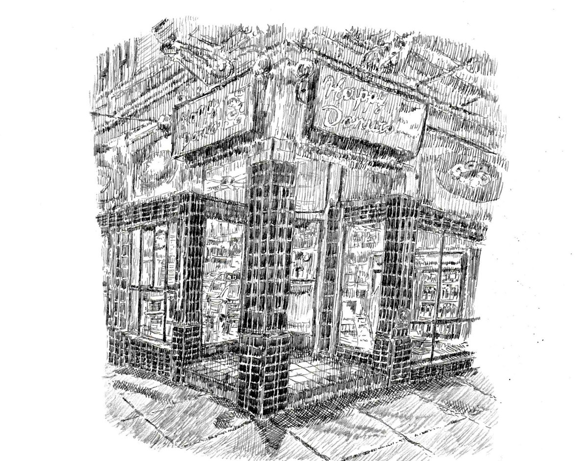 植木いし Ishi Ueki サンフランシスコのドーナツショップ ハッピー ドーナツ 立体感と奥行きを強調して描いたつもり Happy Donuts Donut Shop In San Francisco イラスト イラストレーション 風景 Illustration Pencildrawing Pencilart