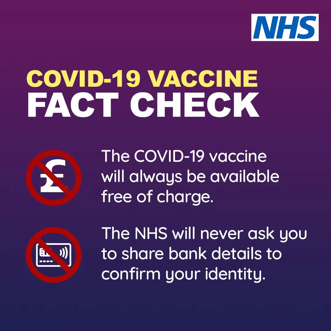tsecrime's tweet photo. RT @nerccu: The COVID vaccine is free of charge, and the NHS will never ask you to share bank details to confirm your identity.
#cyberprotect #nerccu #vaccine #vaccination https://t.co/Tq3BPwXkXE