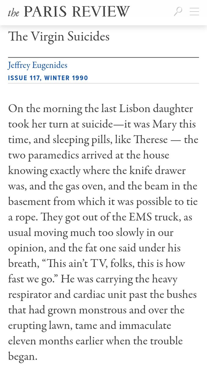 6. "The Virgin Suicides" by Jeffrey Eugenides. Shamefully, I've since realised it's the first chapter of the novel, but it's still excellent and feels so compressed it could be an incredibly sad short story and not the lead in to an incredibly sad novel.