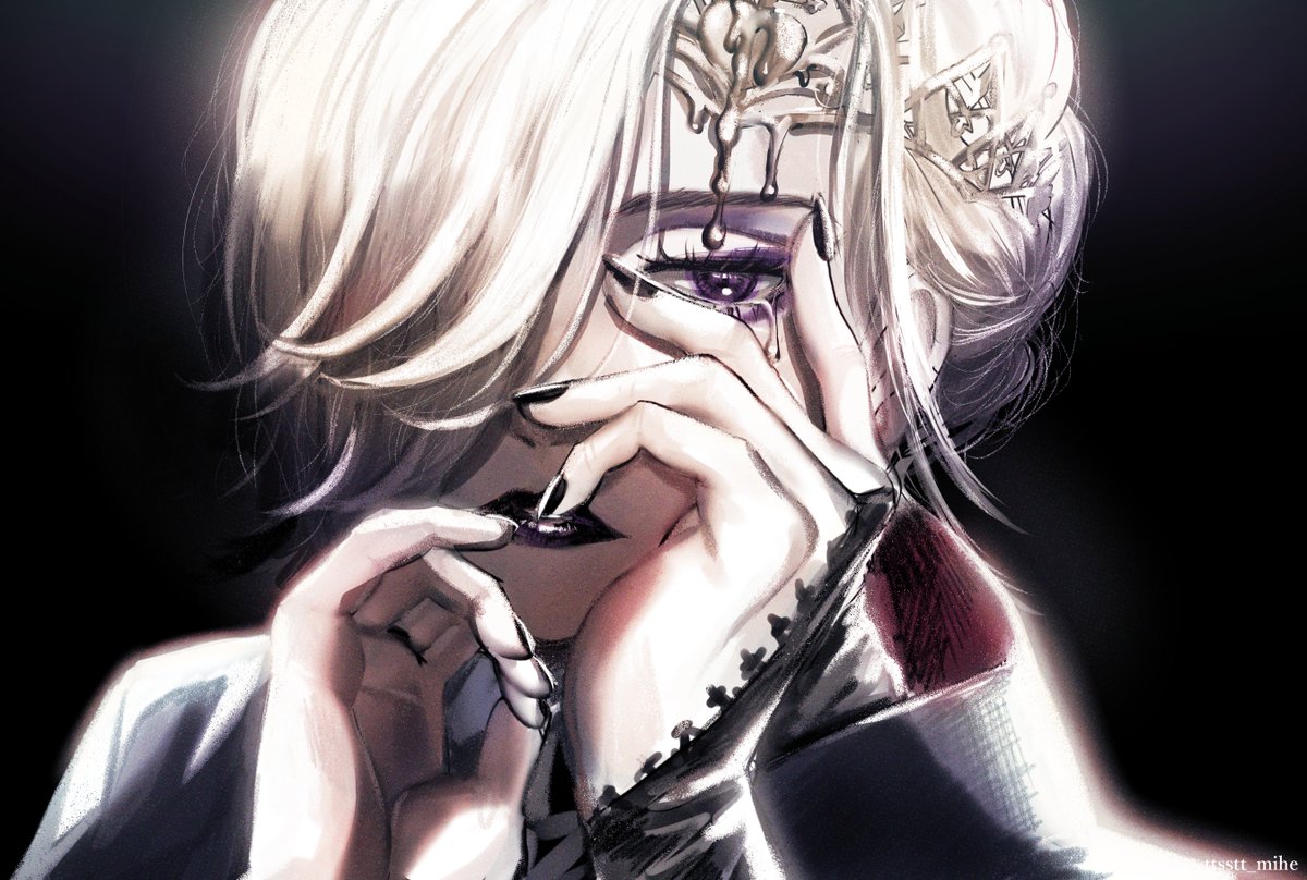 black nails solo black background purple eyes white hair 1boy one eye covered  illustration images