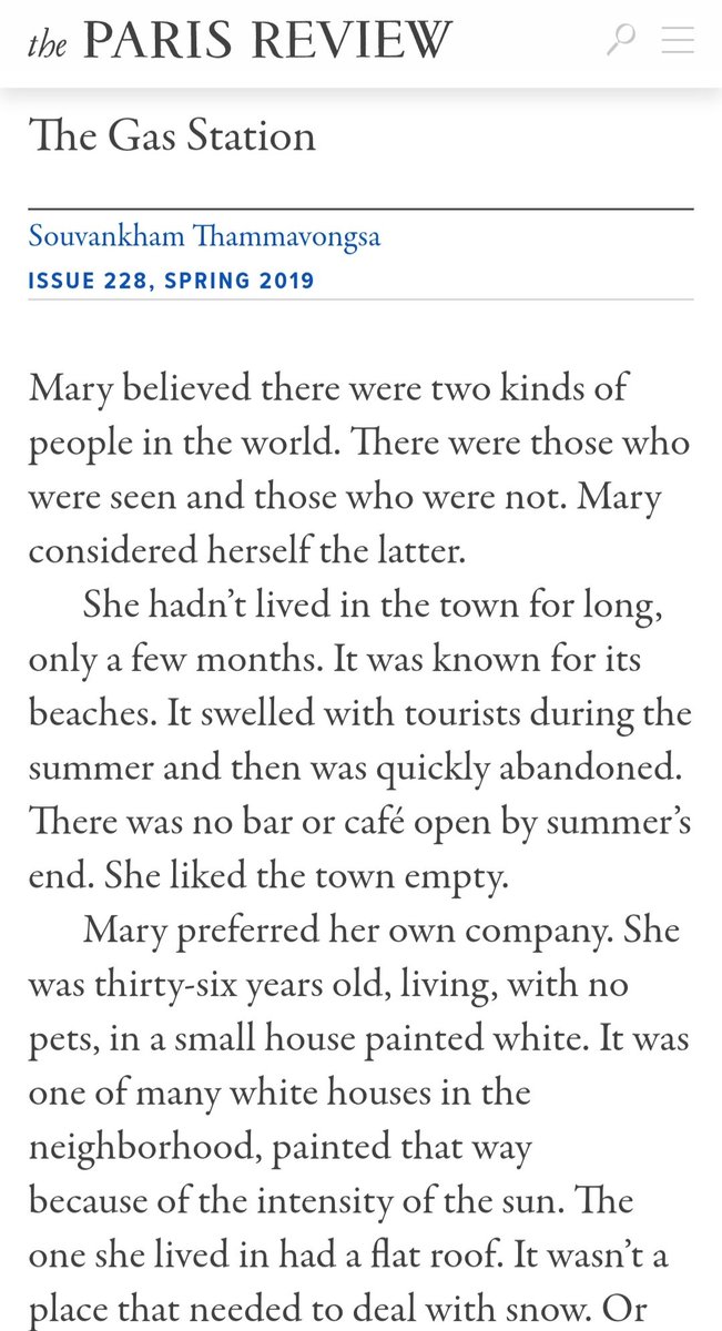 7. "The Gas Station" by Souvankham Thammavongsa. Available online at  @parisreview https://www.theparisreview.org/fiction/7376/the-gas-station-souvankham-thammavongsa