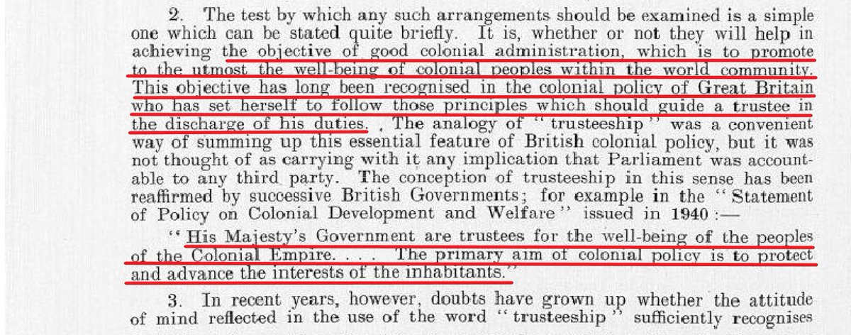 Britain argued however that it had always held its colonial territories in 'trust' - that the ultimate aim of the British Empire was to guide the colonies to self-government through political, social and economic development /3