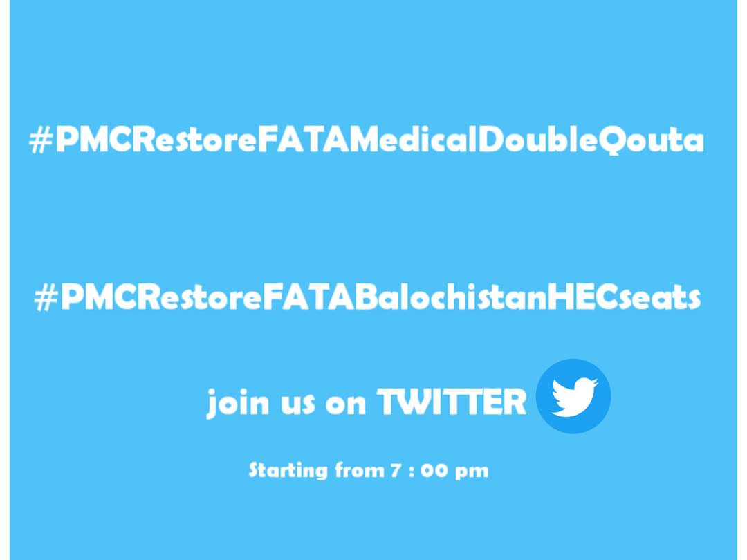 Tariqazamoffic1's tweet photo. All Fata and balochistan students, social activists nd politicians  are requested to join us on Twitter tonight for snatching our due rights 
Time: 7pM to 12 am
Hashtags 👇
#PMCRestoreFATAMedicalDoubleQouta
#PMCRestoreFATABalochistanHECseats https://t.co/y9m8sOLBSq