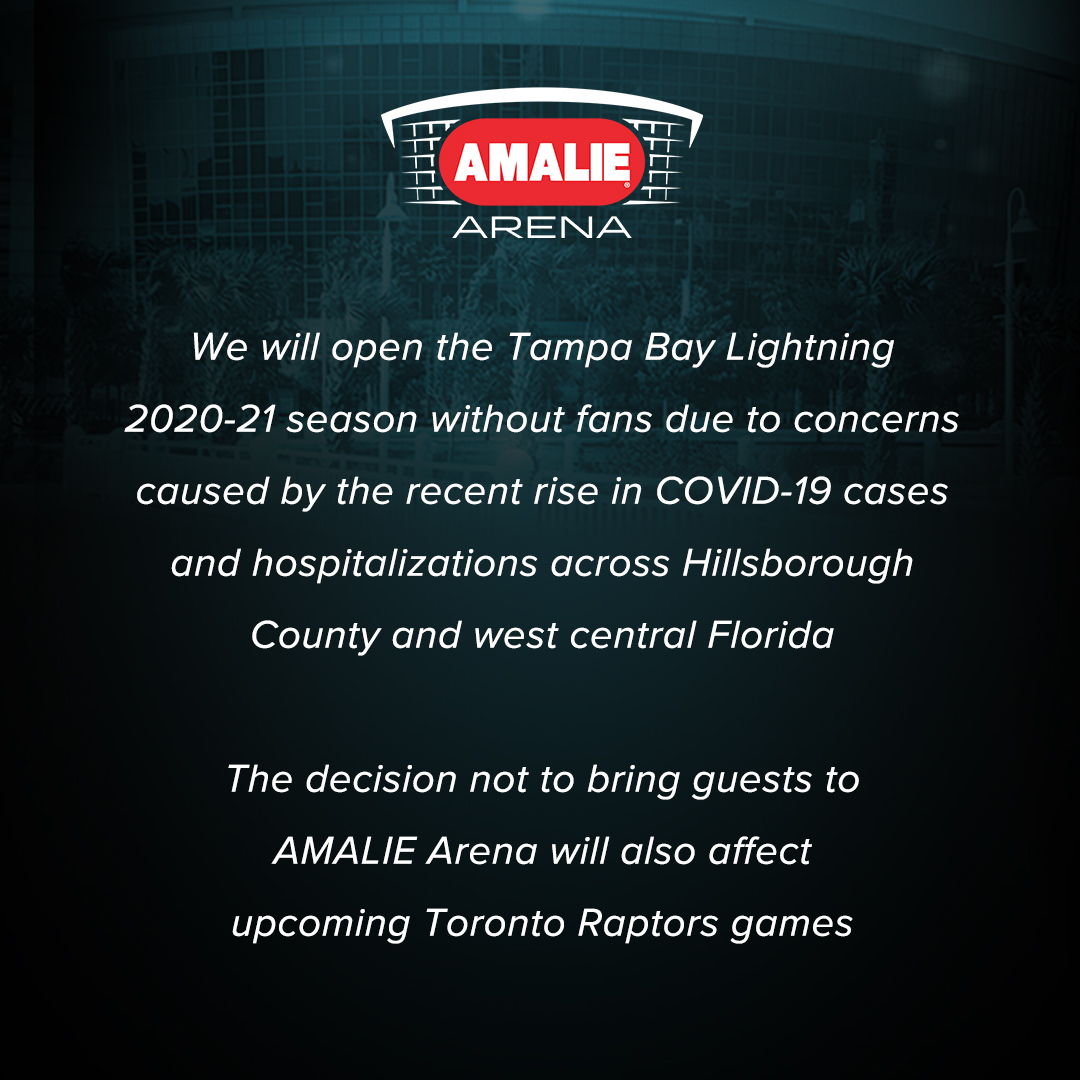 benchmark_arena's tweet photo. We will no longer have fans at upcoming @TBLightning and @Raptors home games due to the recent rise in COVID-19 cases. https://t.co/2kQSxDZ9Hg