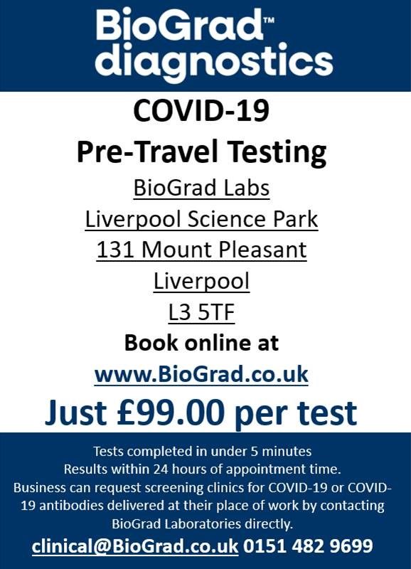 BioGradGroup's tweet photo. CLINIC LIVERPOOL
Pre-Travel COVID-19 Clinics LIVERPOOL
Test cost £99.00 per person with results guaranteed with 24 hours of your appointment time.
For bookings please visit our website; https://t.co/UHKx8LcXp0 https://t.co/bfhYPyBTn7