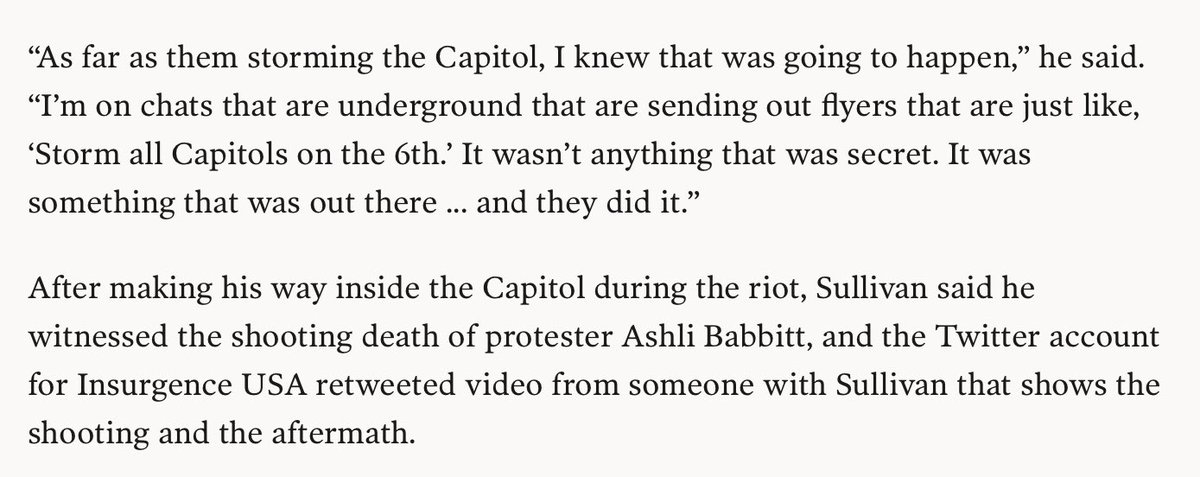 He heard about it online. Monitoring the chats. Sounds like something federal enforcement should do, but hey who am I.  https://www.deseret.com/utah/2021/1/7/22219733/utah-activist-inside-u-s-capitol-says-woman-killed-was-first-to-try-and-enter-house-chamber-sullivan