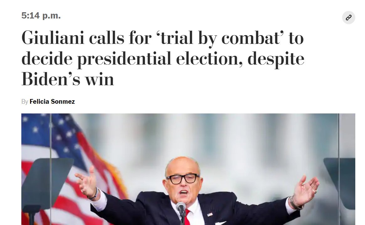 Just summarizing some of the various racist medievalisms that seem to have driven the mob that stormed the US capital. So it starts with the Trump rally, at which Rudy Giuliani called for a "trial by combat" to determine the winner of the election.  #MedievalTwitter