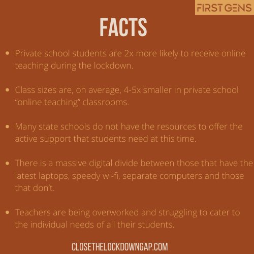 FIRSTGENSUK's tweet photo. #closethelockdowngap THREAD: With the advent of another lockdown, a brilliant initiative want to provide 100,000 hours of free education to those who need it most. Read below for more information. https://t.co/hVdOGEpZNe
