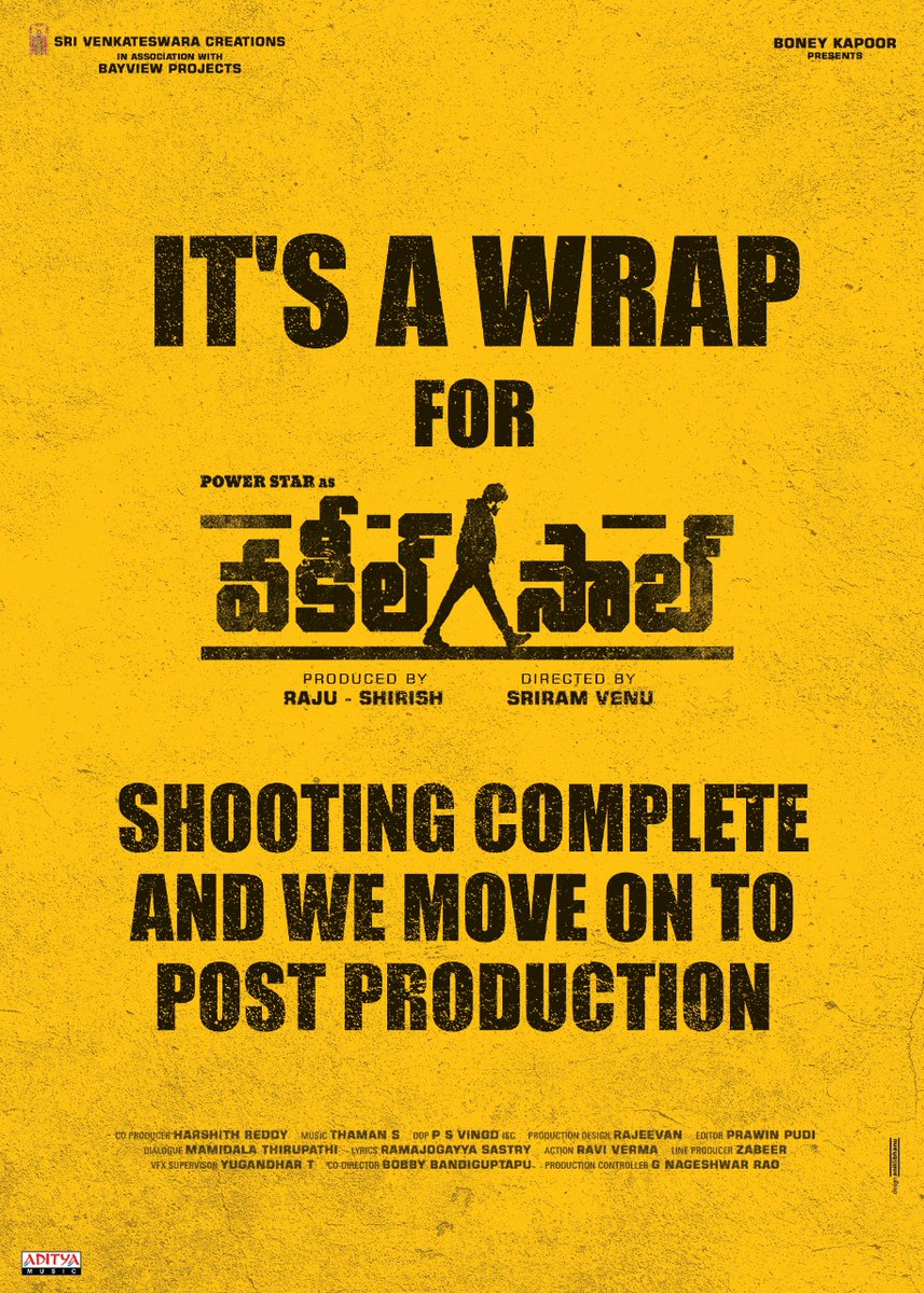 BoneyKapoor's tweet photo. It’s a wrap for #VakeelSaab! 

Shooting complete &amp; we move on to Post Production. 

#VakeelSaabTeaser on Jan 14th at 6:03PM

Powerstar @PawanKalyan
#SriramVenu @shrutihaasan @i_nivethathomas @yoursanjali @AnanyaNagalla @SVC_official @BayViewProjOffl @MusicThaman https://t.co/nE4FT4jOit