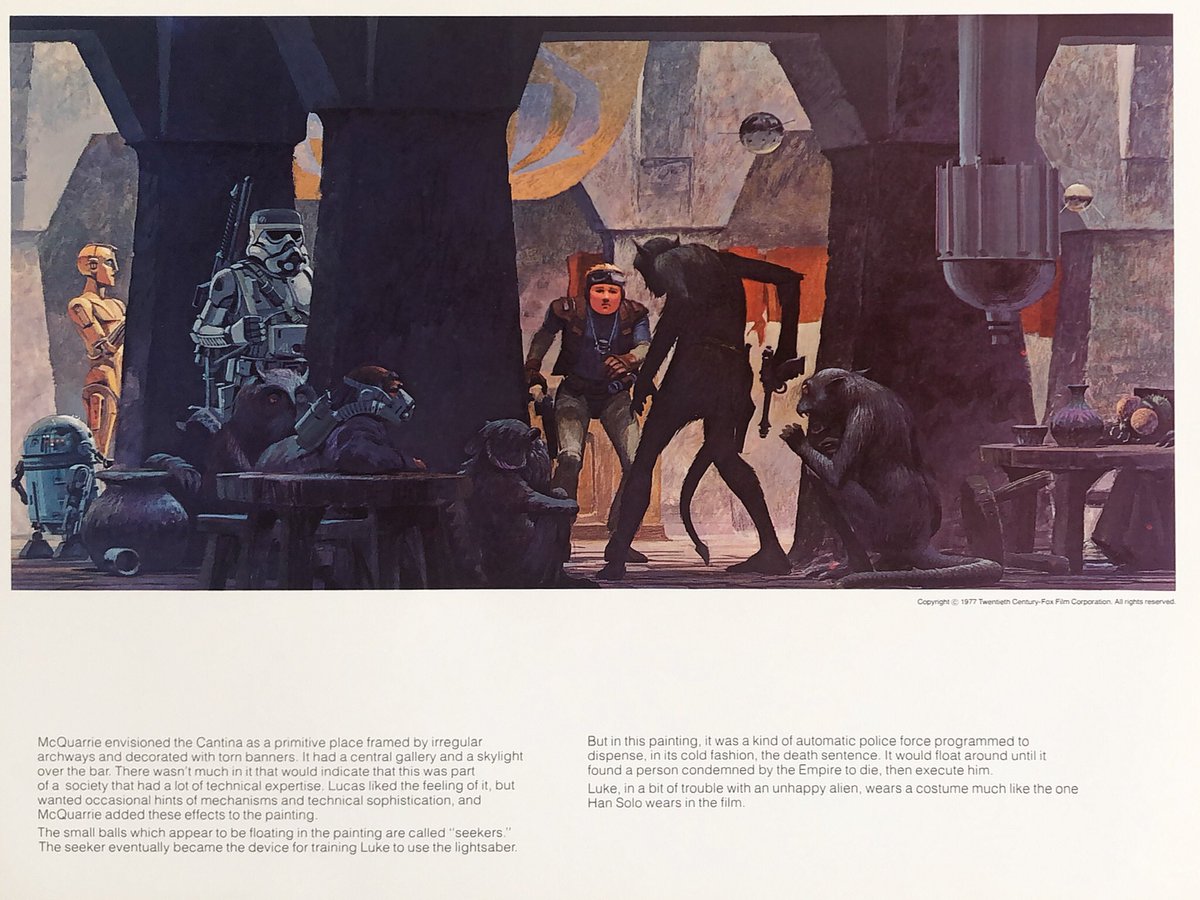 forceiswithme's tweet photo. McQuarrie envisioned the Cantina as a primitive place framed by irregular archways and decorated with torn banners. It had a central gallery and a skylight over the bar. 

#starwars #starwarsart #ralphmcquarrie https://t.co/cqFISDuNrW
