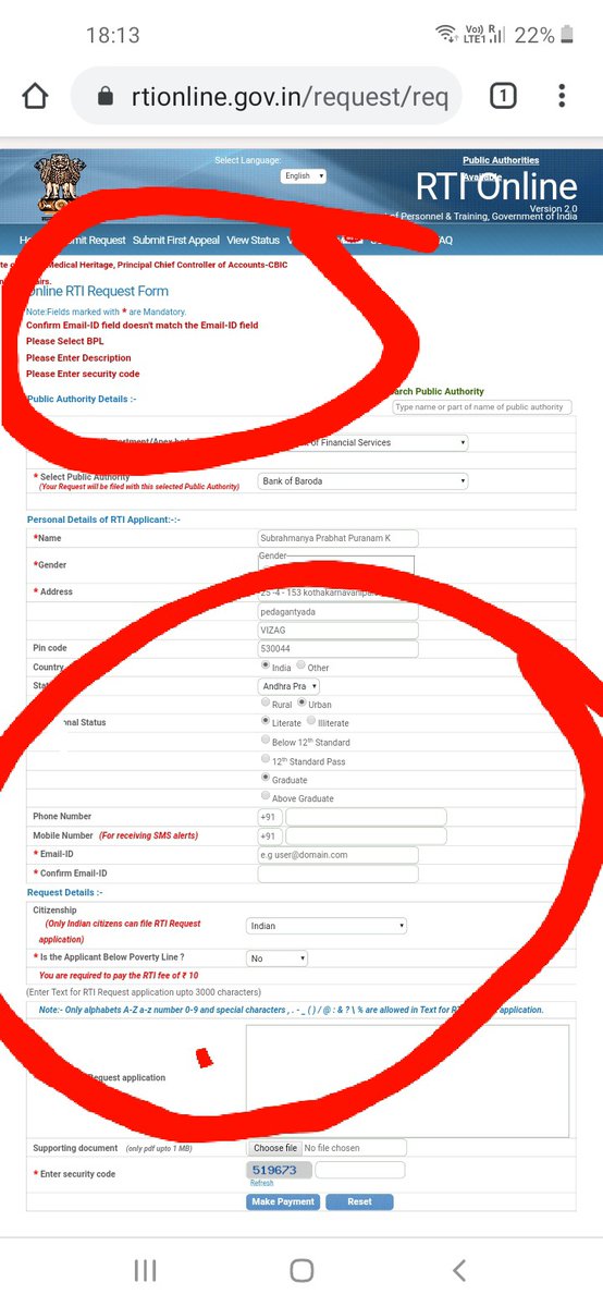 TheDeshVoice's tweet photo. @rtiindia when I tried to file RTI, mobile number and email ID fields are disabled.
I tried in different systems.

May I know, is there any technical glitch in this??

Please revert https://t.co/Z29aX9NEPa