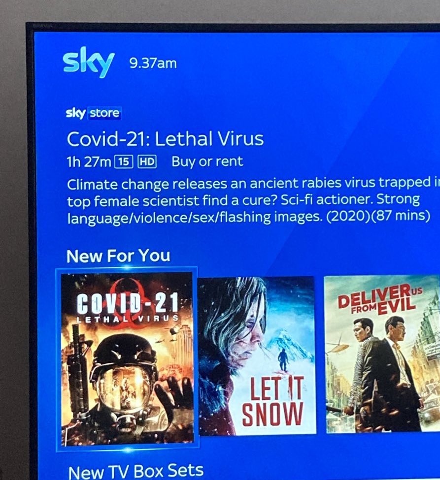OfWhiteLeg's tweet photo. @SkyUK @SkyHelpTeam @skytv “New For Me - Covid 21 Lethal Virus”Is this a joke? If it is it’s not funny and to be honest poor taste at this time in my opinion. I don’t even watch films like this - seriously needs review. #skytv https://t.co/SqD3aXJbM3