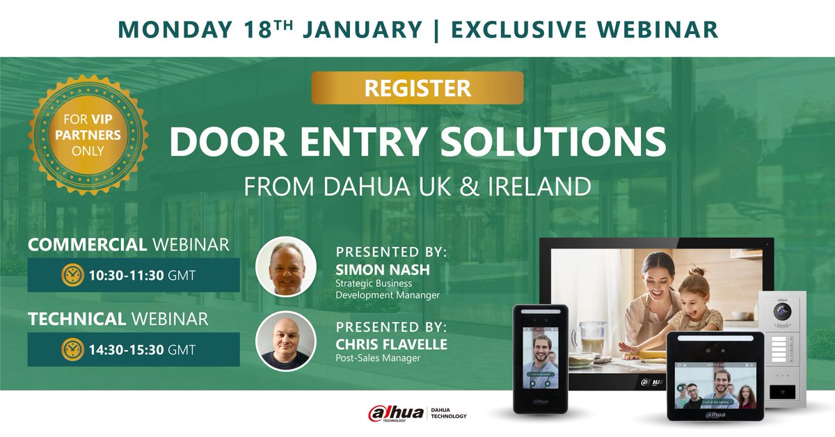 DAHUA_UK's tweet photo. For all our #DistributionPartners and those enrolled on our Key Integrator Partner (KIP) programme, please join us on the 18th of January for our #SneakPeak webinars on Door Entry Solutions, before they are released to the public on the 19th. Contact your #Dahua rep to register! https://t.co/0bMmW054I9