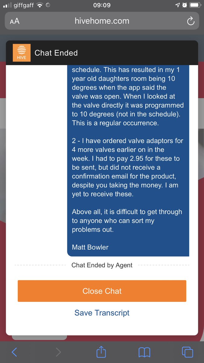 MatthewRBowler's tweet photo. Awful customer service by @HiveHomeUK @HiveHelper #centrica who repeatedly cancel my live chat when I try to complain. https://t.co/kvIfCcdTil