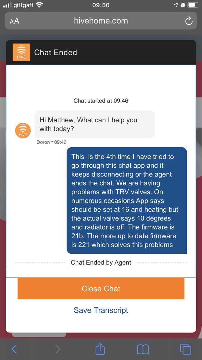 MatthewRBowler's tweet photo. Awful customer service by @HiveHomeUK @HiveHelper #centrica who repeatedly cancel my live chat when I try to complain. https://t.co/kvIfCcdTil