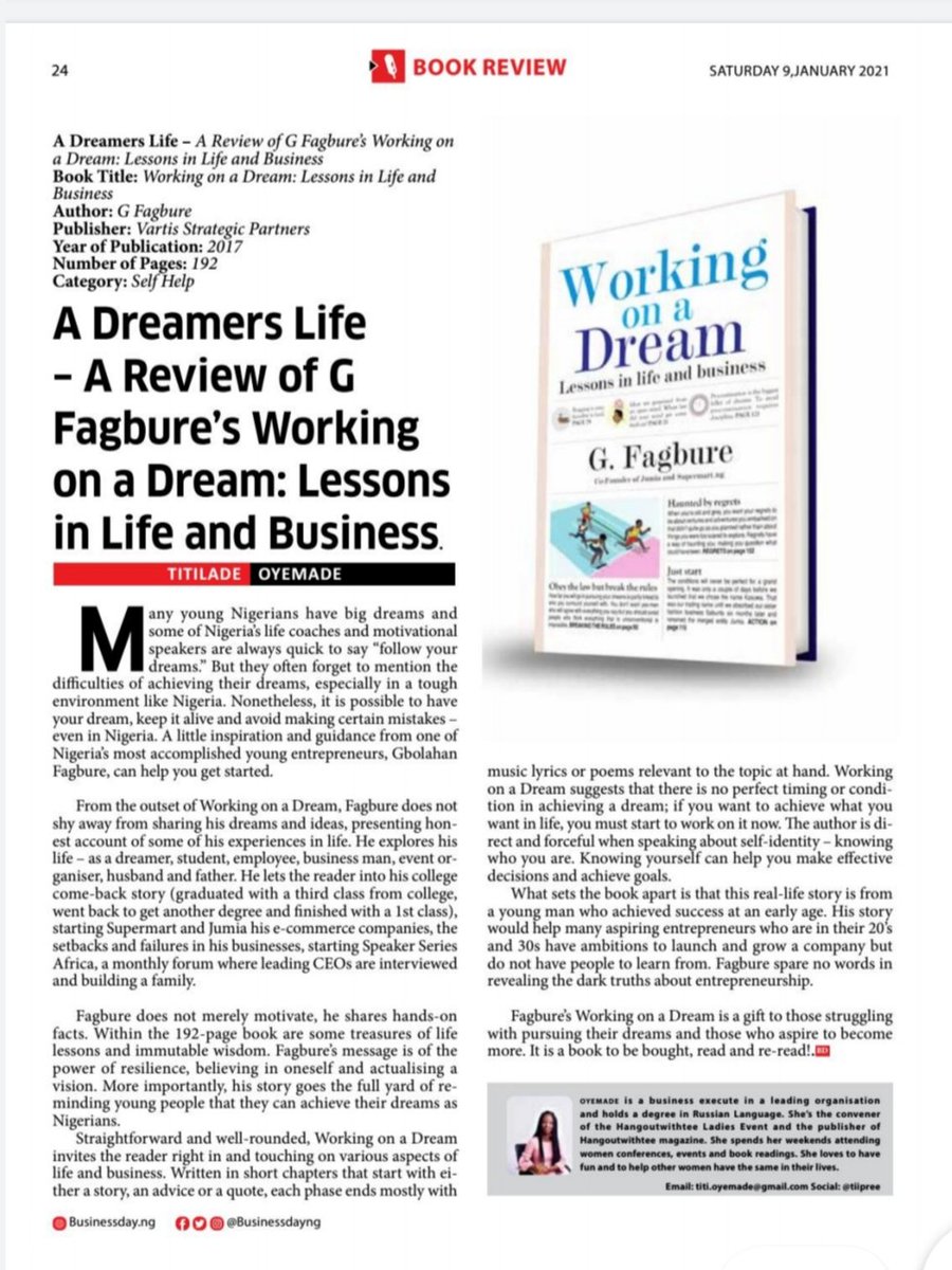 tiiPREE's tweet photo. Todays #Bookreview
Book: Working on a dream 
Author  @gfagbure #businessdayweekender
https://t.co/7q5s46OhHc https://t.co/EFlF3KNBxP