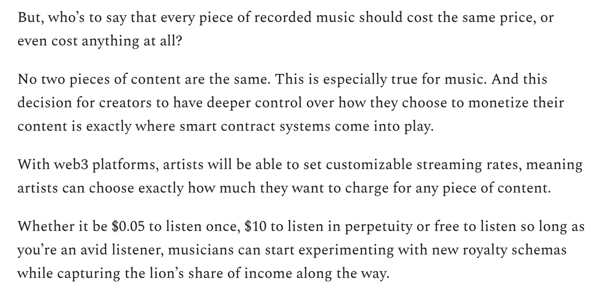 No two pieces of music are the same. Artists should be in control of both the pricing and interactions with their audience, which ought to be as idiosyncratic as they are. I've been screaming this for years, and those building the next internet view it as a core principle. Sense!
