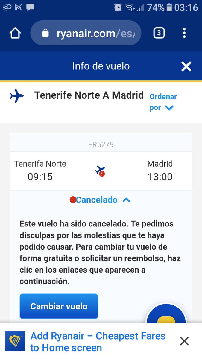 Leverforce's tweet photo. @Ryanair Your website listed this flight as cancelled (see pic) I went ahead and booked another flight with you. Now your CSR says that this flight is not cancelled but rescheduled. I have double tickets for my family and CSR does not want to process refund for either ticket. https://t.co/zZtAewXBGI