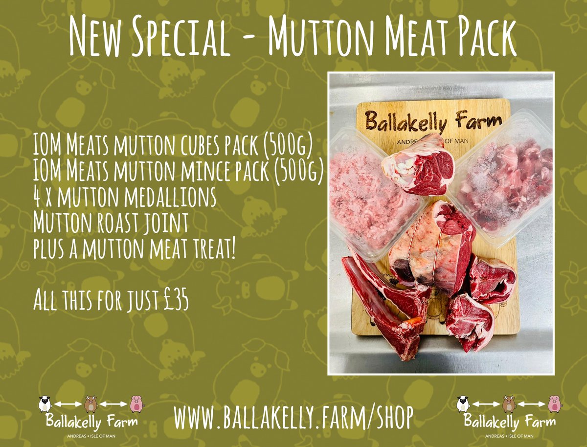 🇮🇲 New special: dry-aged mutton meat pack 🇮🇲
Why is mutton so yummy? Because it's dry-aged, tender, succulent, and bursting with flavour. Keep your Manx spirit of resilience high, and try something new to cook with your lockdown household. 
Order at ballakelly.farm/shop.
